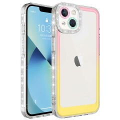 iPhone 14 Kılıf Simli ve Renk Geçiş Tasarımlı Lens Korumalı Park Kapak