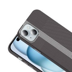 iPhone 15 Kılıf Kablosuz Şarj Özellikli Karbon Fiber Görünümlü Gros Kapak
