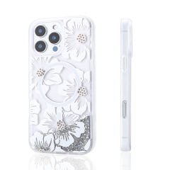 iPhone 12 Pro Kılıf Sıvılı Simli Baskılı Şeffaf Arka Yüzey Mossa Silikon Kapak