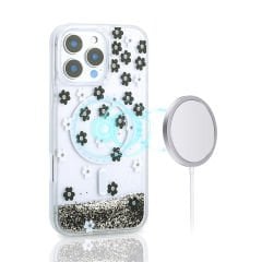 iPhone 12 Pro Kılıf Sıvılı Simli Baskılı Şeffaf Arka Yüzey Mossa Silikon Kapak