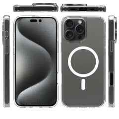 iPhone 16 Pro Max Kılıf Magsafe Şarj Özellikli Şeffaf Sert PC Embos Kapak