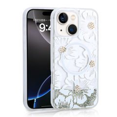 iPhone 13 Kılıf Sıvılı Simli Baskılı Şeffaf Arka Yüzey Mossa Silikon Kapak