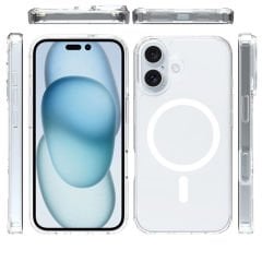 iPhone 16 Plus Kılıf Magsafe Şarj Özellikli Şeffaf Sert PC Embos Kapak