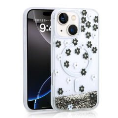 iPhone 14 Kılıf Sıvılı Simli Baskılı Şeffaf Arka Yüzey Mossa Silikon Kapak