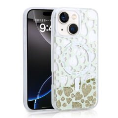 iPhone 14 Kılıf Sıvılı Simli Baskılı Şeffaf Arka Yüzey Mossa Silikon Kapak