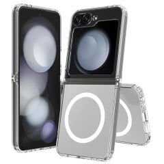 Samsung Galaxy Z Flip 6 Kılıf Magsafe Şarj Özellikli Şeffaf Sert PC Embos Kapak