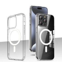 iPhone 15 Pro Max Kılıf Magsafe Şarj Özellikli Şeffaf Sert PC Embos Kapak