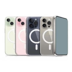 iPhone 15 Plus Kılıf Magsafe Şarj Özellikli Şeffaf Sert PC Embos Kapak