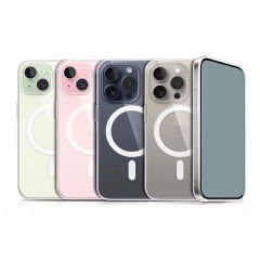 iPhone 15 Plus Kılıf Magsafe Şarj Özellikli Şeffaf Sert PC Embos Kapak
