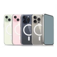 iPhone 15 Pro Kılıf Magsafe Şarj Özellikli Şeffaf Sert PC Embos Kapak