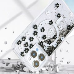 iPhone 15 Pro Max Kılıf Sıvılı Simli Baskılı Şeffaf Arka Yüzey Mossa Silikon Kapak