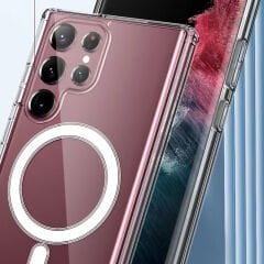 Samsung Galaxy S23 Ultra Kılıf Magsafe Şarj Özellikli Şeffaf Sert PC Embos Kapak