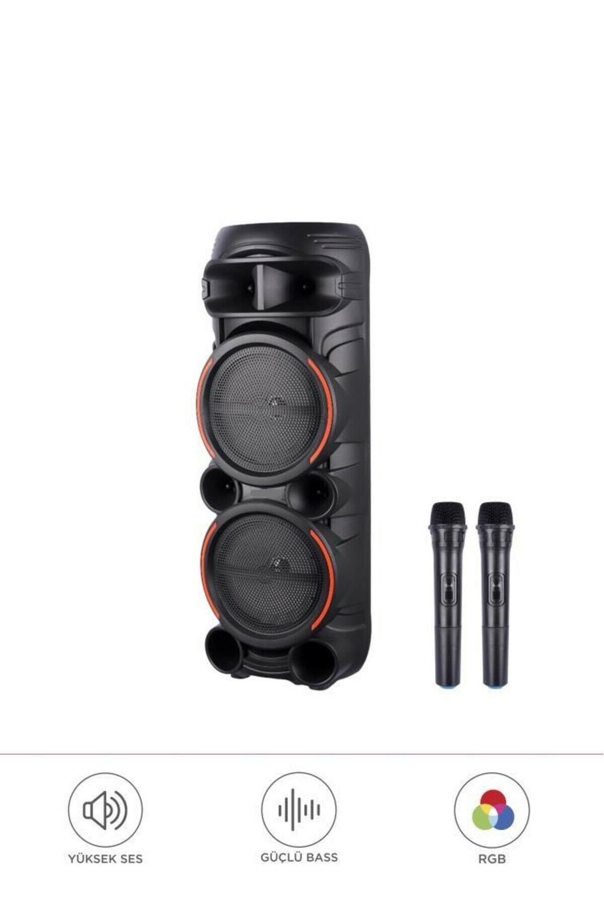 2058 Çift Kablosuz Mikrofonlu RGB Ledli Taşınabilir Bluetooth Hoparlör Parti Speaker FM / USB / TF