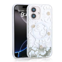 iPhone 16 Kılıf Sıvılı Simli Baskılı Şeffaf Arka Yüzey Mossa Silikon Kapak