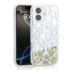 iPhone 16 Kılıf Sıvılı Simli Baskılı Şeffaf Arka Yüzey Mossa Silikon Kapak