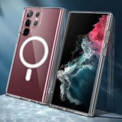 Samsung Galaxy S22 Ultra Kılıf Magsafe Şarj Özellikli Şeffaf Sert PC Embos Kapak