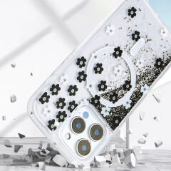 iPhone 16 Pro Kılıf Sıvılı Simli Baskılı Şeffaf Arka Yüzey Mossa Silikon Kapak