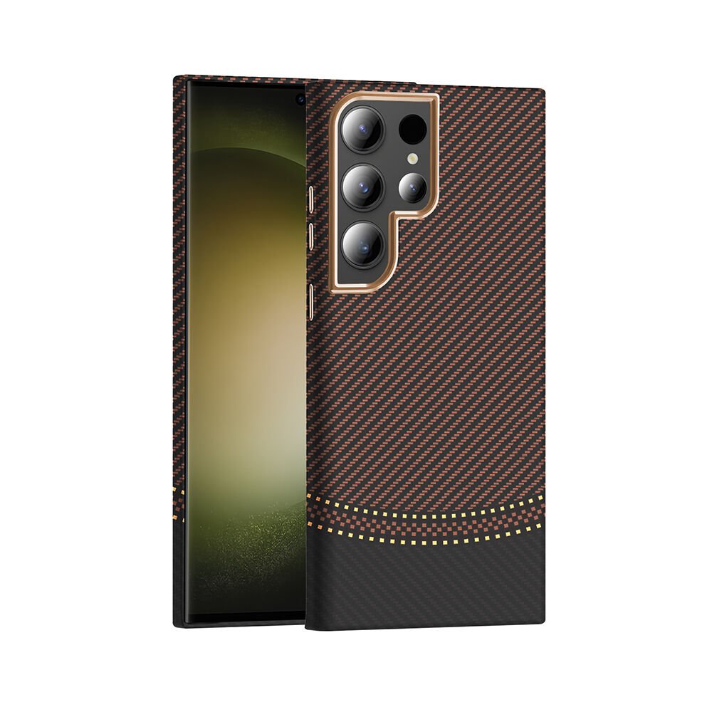Samsung Galaxy S23 Ultra Kılıf Kablosuz Şarj Özellikli Karbon Fiber Görünümlü Gros Kapak