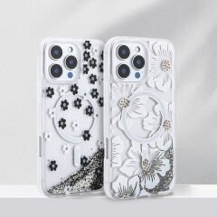 iPhone 16 Pro Max Kılıf Sıvılı Simli Baskılı Şeffaf Arka Yüzey Mossa Silikon Kapak