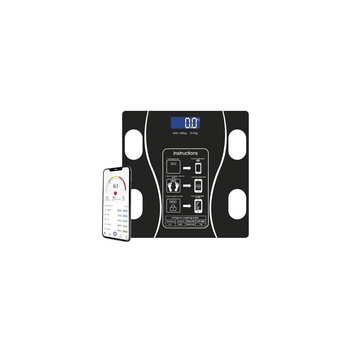 XK-26C Siyah Dijital Baskül Yağ Kas Su Vücut Kitle Indeksi Kilo Ölçer Bluetooth Tartı