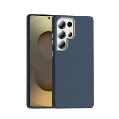 Samsung Galaxy S25 Ultra Kılıf Kablosuz Şarj Özellikli Karbon Fiber Görünümlü Gros Kapak