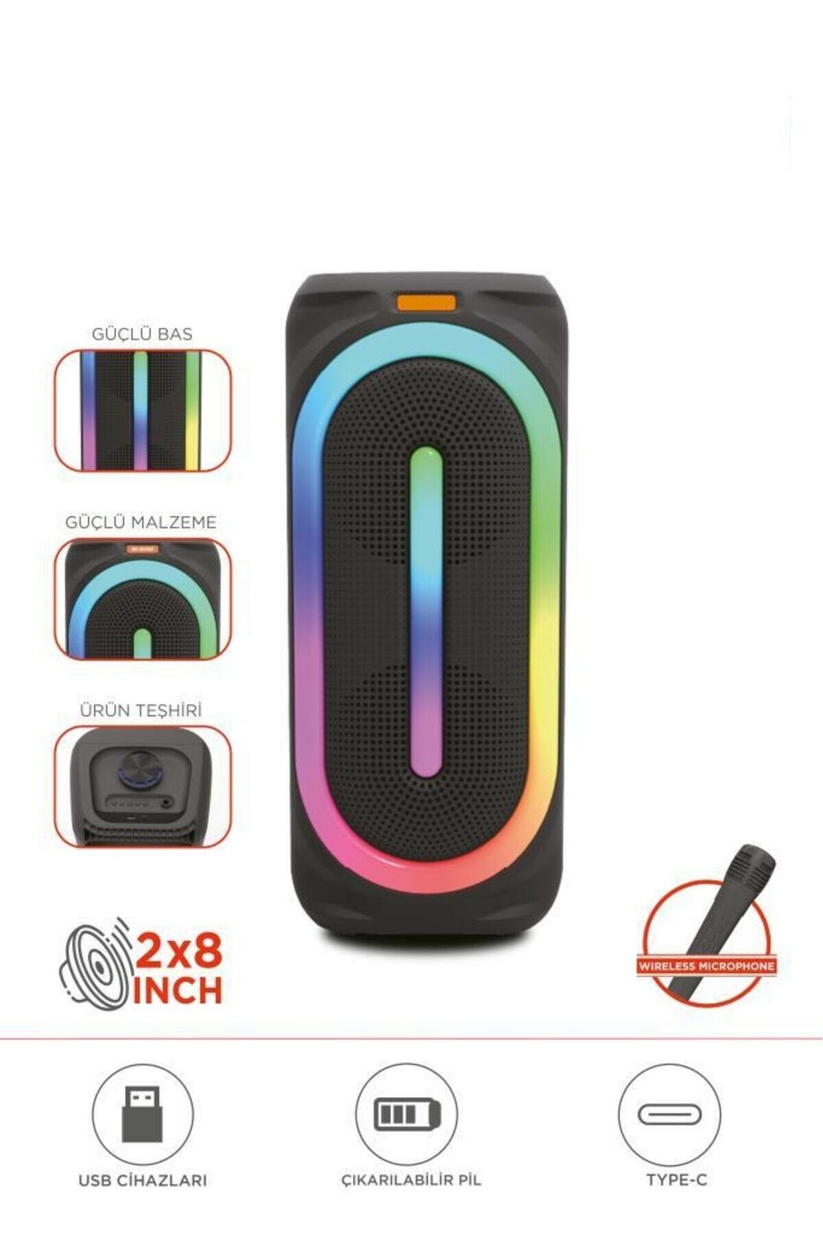 D63 2x8’’ 50 W Güçlü Bass RGB Işıklı Kablosuz Mikrofonlu Fm Bluetooth Hoparlör Speaker