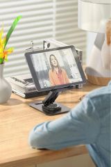 JX-035 Siyah 360 Derece Dönebilen Katlanabilir, Yükseklik Ayarlı Masaüstü Telefon Ve Tablet Standı Metal Tablet /