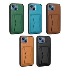 iPhone 13 Kılıf Kartlıklı Standlı ​Pu Deri emo Kapak