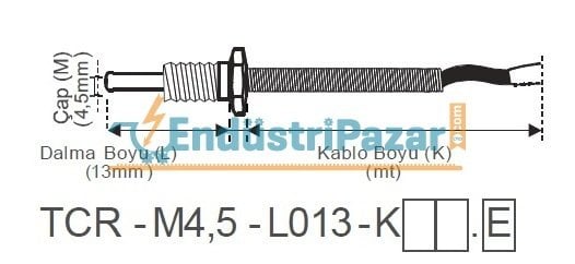 TCR-M4,5-L013-K02.J.M6 DALMA BOYU 13MM TÜP ÇAP 4,5 MM M6 OYNAR REKORLU 2MT KABLOLU BAYONET J TİPİ TERMOKUPL EMKO