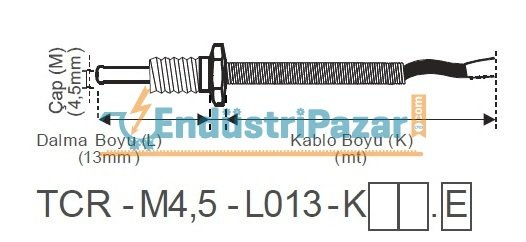 TCR-M4,5-L013-K02.K.M6 DALMA BOYU 13MM TÜP ÇAP 4,5 MM M6 OYNAR REKORLU 2MT KABLOLU BAYONET K TİPİ TERMOKUPL EMKO