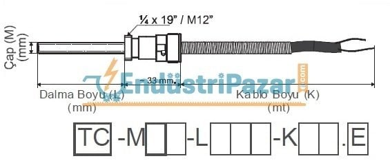 TC-M08-L012-K05.J DALMA BOYU 12MM TÜP ÇAPI 8 MM 1/4*19`` KONNEKTÖRLÜ 5MT KABLOLU BAYONET J TİPİ TERMOKUPL EMKO