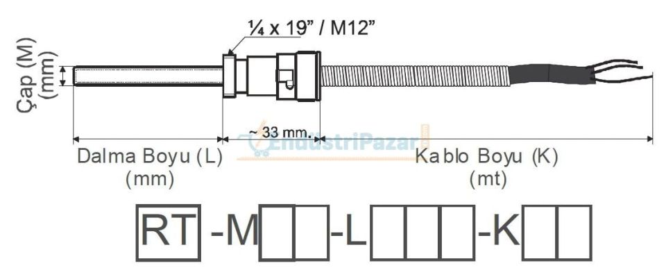 RT-M06-L030-K02 DALMA BOYU 30MM TÜP ÇAPI 6MM M12 KONNEKTÖRLÜ 2MT KABLOLU BAYONET PT-100 EMKO