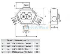 CEE Norm 2 Adet 4/32A + 2Adet 1/16A + 1Adet 1,5mt Kablolu 3 Hava Çıkışlı Box IP44 BX1K0660-2113 BEMİS