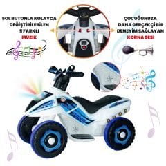 Uj Toys Müzikli ve Led Işıklı Akülü Atv 6V Safari-Beyaz Polis