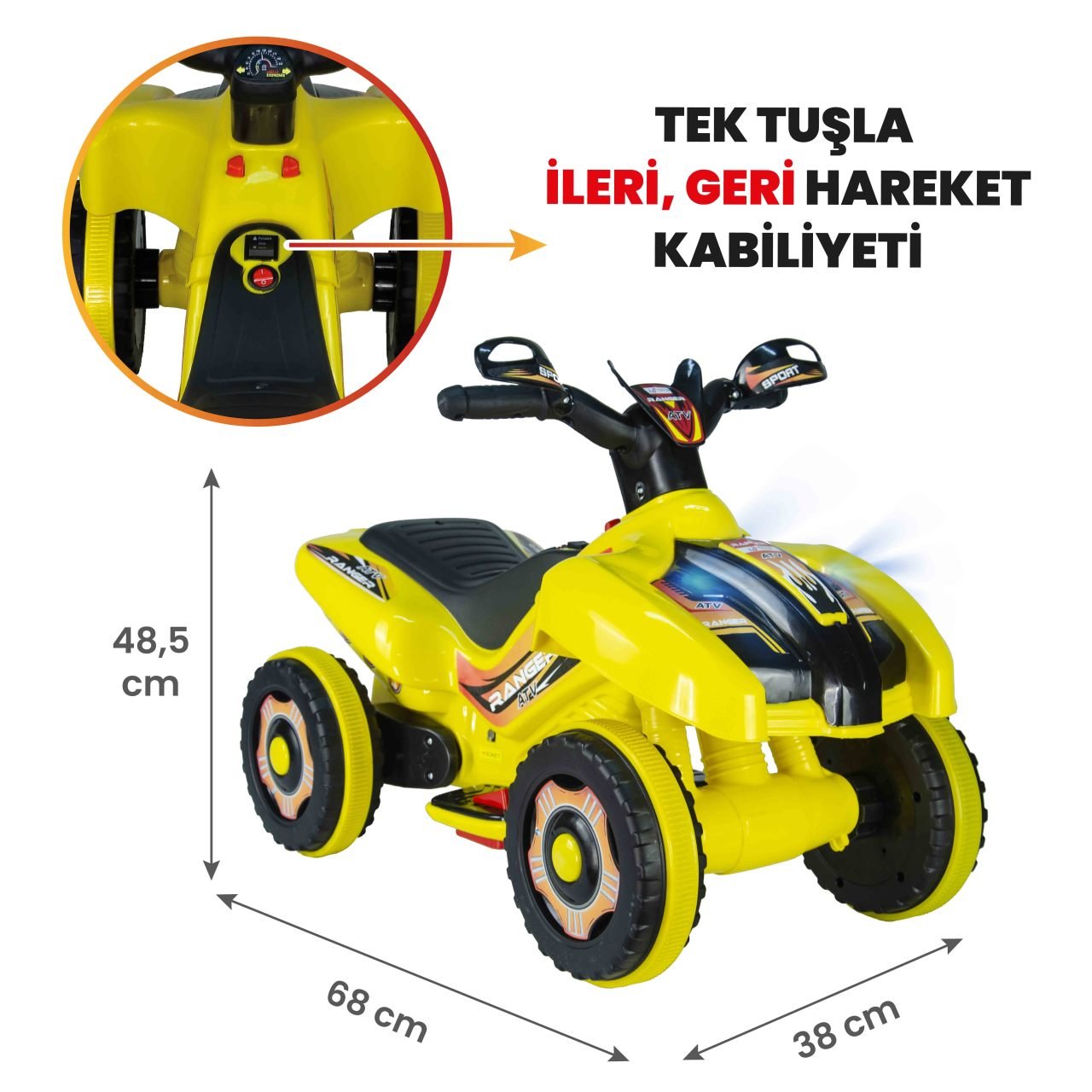 Uj Toys Müzikli ve Led Işıklı Akülü Atv 6V Ranger-Sarı