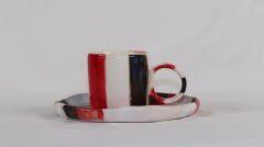 Handmade Kırmızı, Beyaz & Siyah Dikey Çizgili Vintage Türk Kahvesi Fincanı