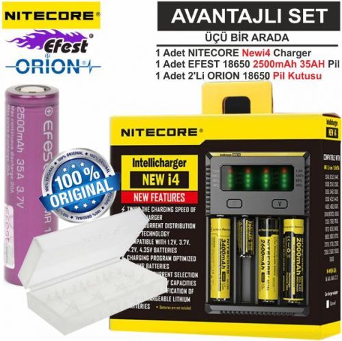 Nitecore NEWi4 Şarj Aleti, Efest IMR18650 2500mAh, ORION 18650 Pil Kutusu / 3'Lü Set