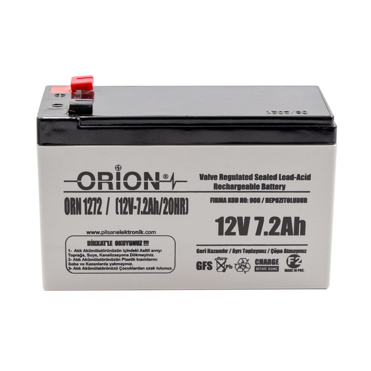 Orion 12V 7.2Ah Bakımsız Kuru Akü - T2 Kalın Soket - 01/2021 Üretim