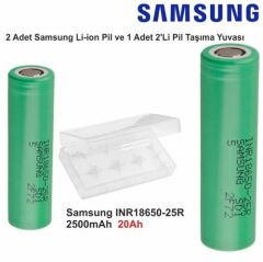 Samsung INR18650-25R Li-Ion Pil  / 3.7V 2500mAh Li-ion Pil / 2 Adet Pil + 1 Adet Pil Kutusu