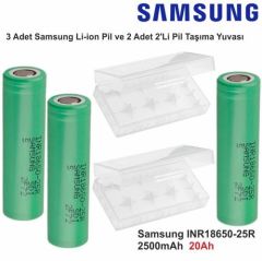 Samsung INR18650-25R Li-Ion Pil  / 3.7V 2500mAh Li-ion Pil / 3 Adet Pil + 2 Adet Pil Kutusu