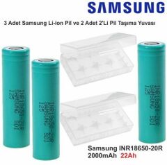 Samsung INR18650-20R Li-Ion Pil / 3.7V 2000mAh Li-ion Pil / 3 Adet Pil + 2 Adet Pil Kutusu