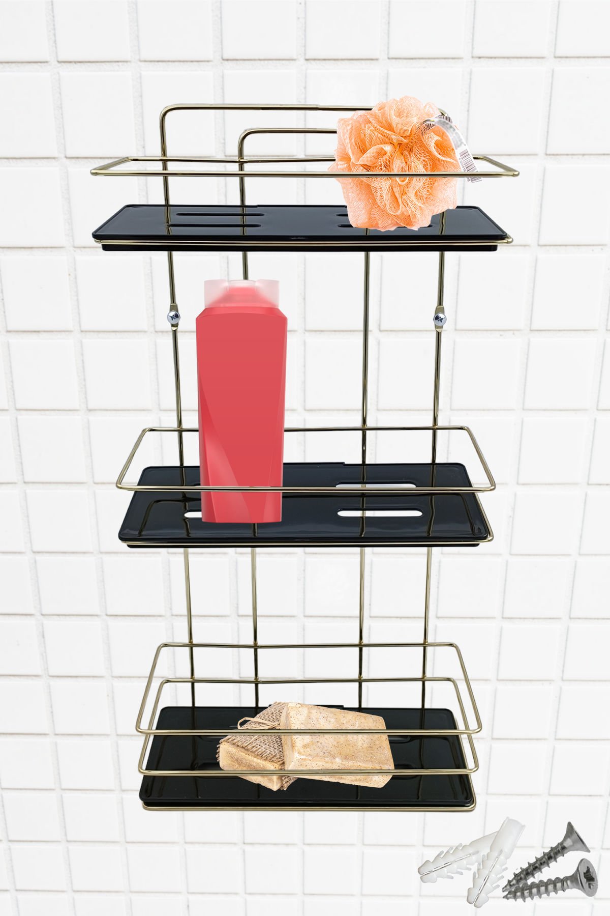 3 Katlı Metal Düz Banyo Rafı Düzenleyici Şampuanlık Duş Rafı Vidalı Gold