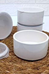 4'lü Porselen Sufle Kabı Sunum Kasesi Kapaklı Saklama Kabı Kahvaltılık Beyaz