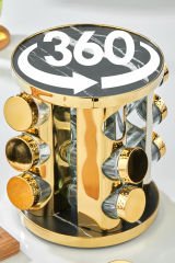 12 li Cam Baharatlık 360 Dönebilen Standlı Gold Baharat Seti Tezgah Üstü Paslanmaz