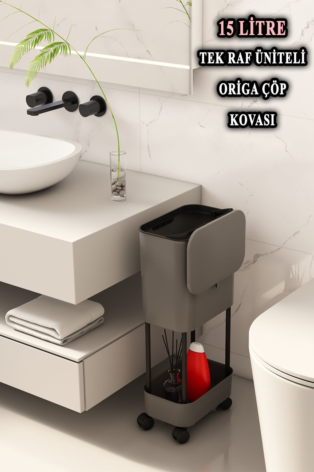 Origa Tek Raf Üniteli Tekerlekli Fonksiyonel Kapaklı Banyo Ve Mutfak Çöp Kovası Gri