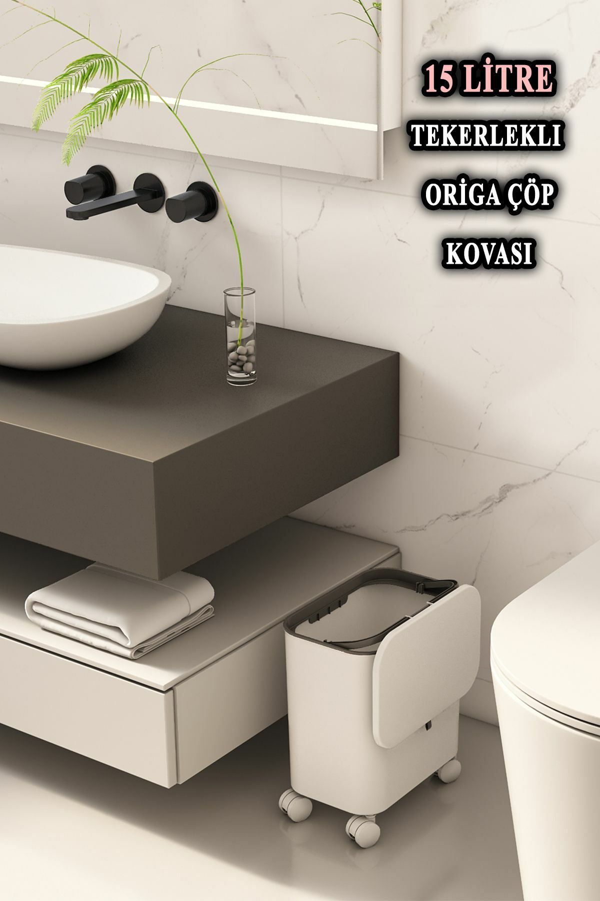 Origa Tekerlekli Fonksiyonel Kapaklı Banyo Ve Mutfak Çöp Kovası Beyaz