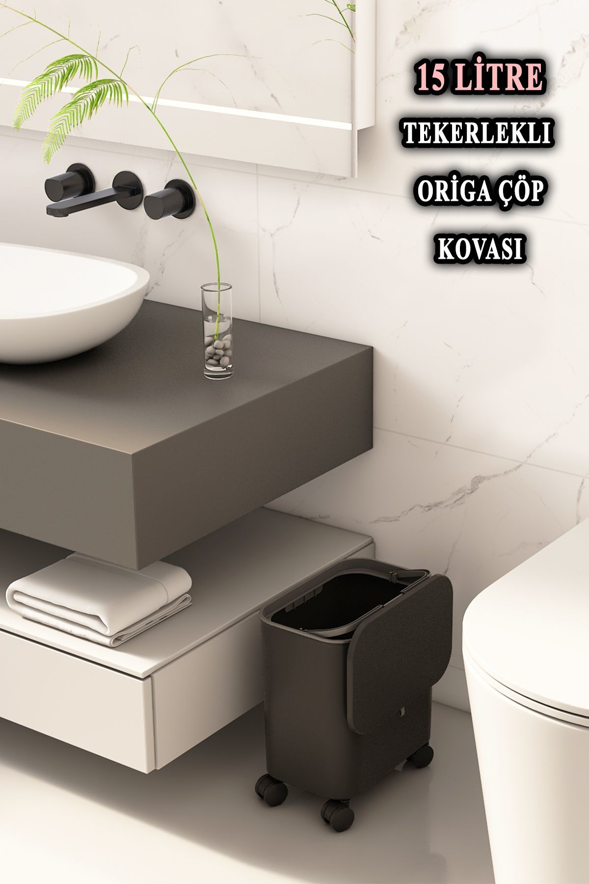 Origa Tekerlekli Fonksiyonel Kapaklı Banyo Ve Mutfak Çöp Kovası Siyah