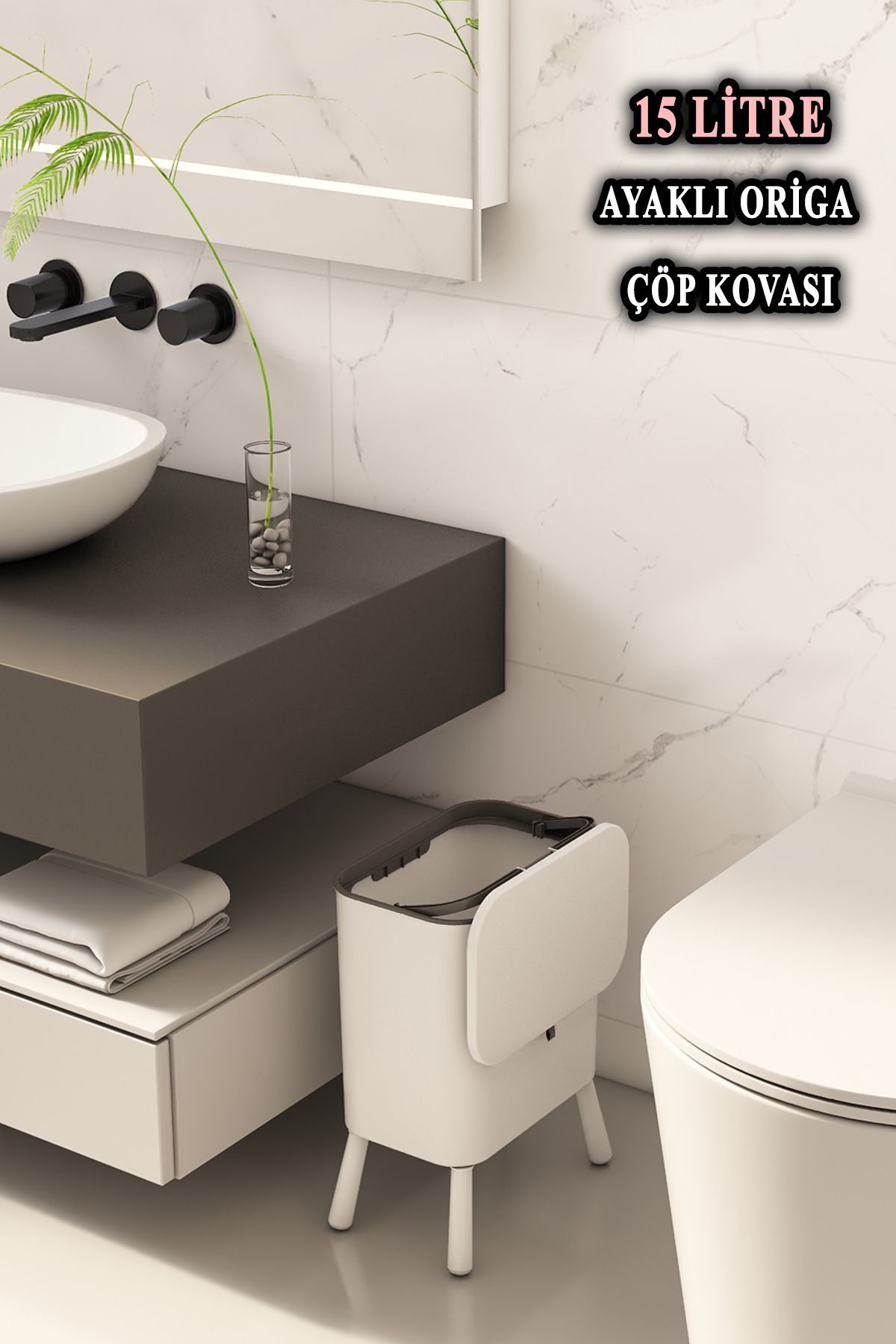 Origa Ayaklı Fonksiyonel Kapaklı Banyo Ve Mutfak Çöp Kovası Beyaz