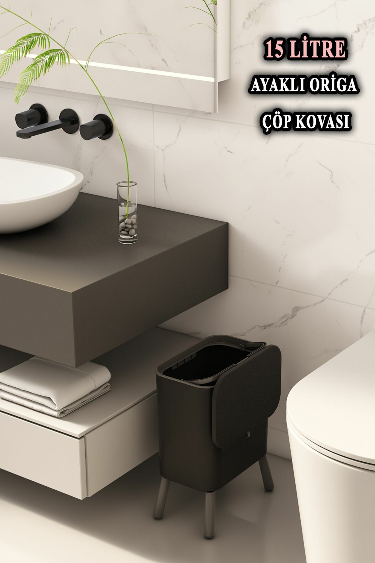 Origa Ayaklı Fonksiyonel Kapaklı Banyo Ve Mutfak Çöp Kovası Siyah
