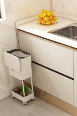 Origa Tek Raf Üniteli Tekerlekli Fonksiyonel Kapaklı Banyo Ve Mutfak Çöp Kovası Beyaz